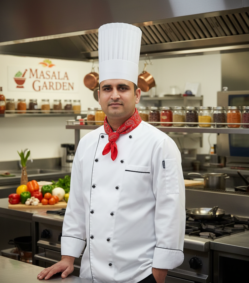 Chef indien préparant un plat à Masala Garden